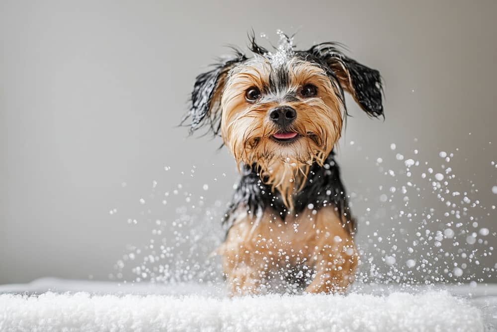 kupanje pasa, slika psića u kadi koji se otresa od vode